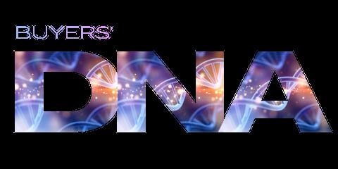 Buyers DNA logo with blue and orange glowing light effects on black background