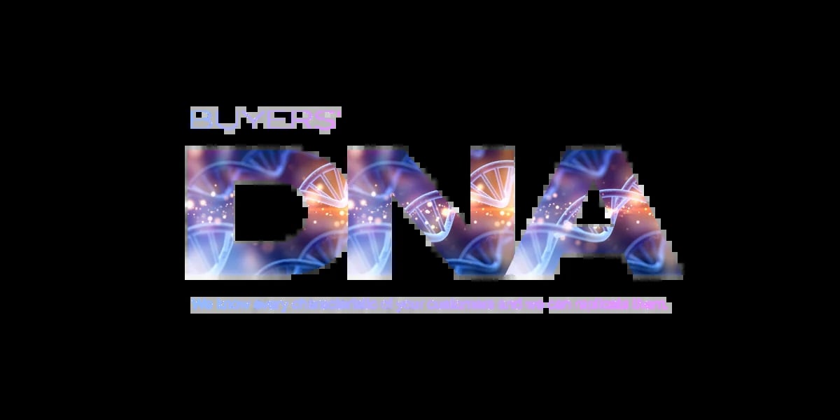 Buyers DNA logo with cosmic galaxy texture and tagline about customer understanding on black background