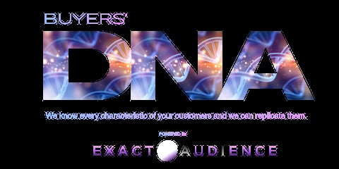 Buyers DNA logo with cosmic blue and purple background, featuring a tagline about customer characteristics and Exact Audience branding